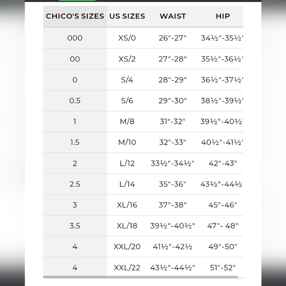 Chico's size chart for future reference - Picture 3 of 4